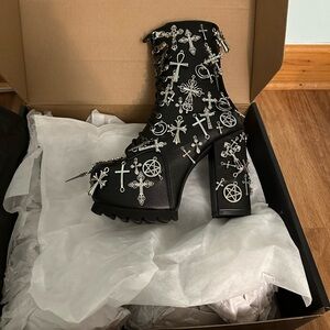 Dolls Kill Black Heeled Boots with Silver Crosses
